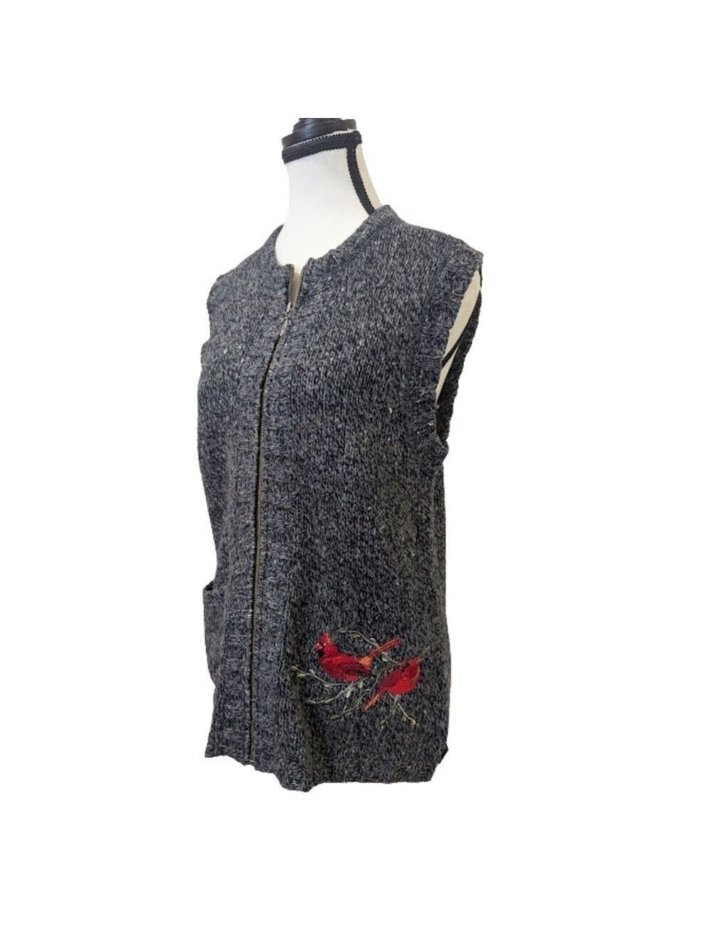 Woolrich Cardinal Embroidered Zip Sweater Vest Black Heather Size M Cottagecore - Picture 4 of 16